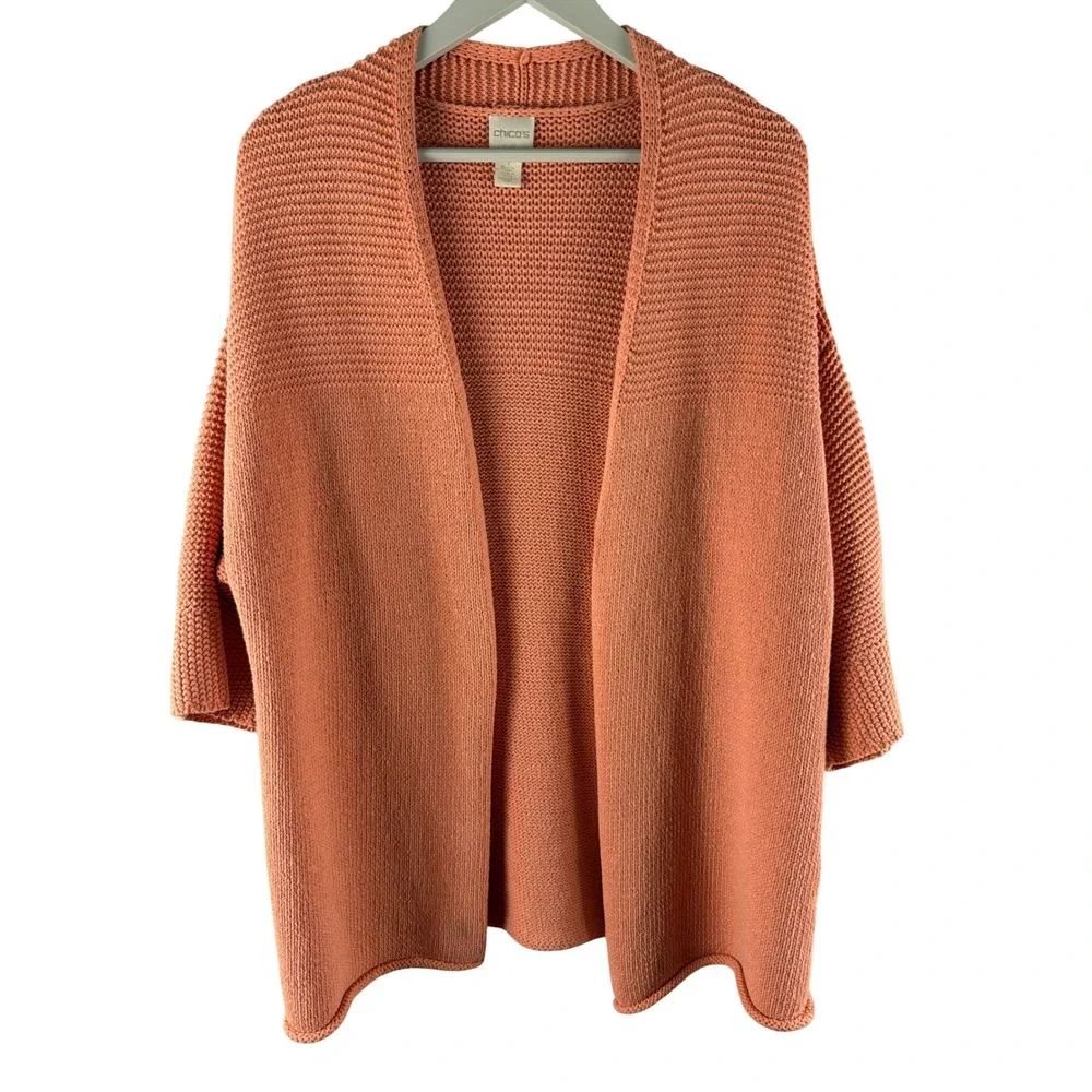 Chicos Open Front Cotton Cardigan Sweater Coral Peach Textured Knit Sz 1/M